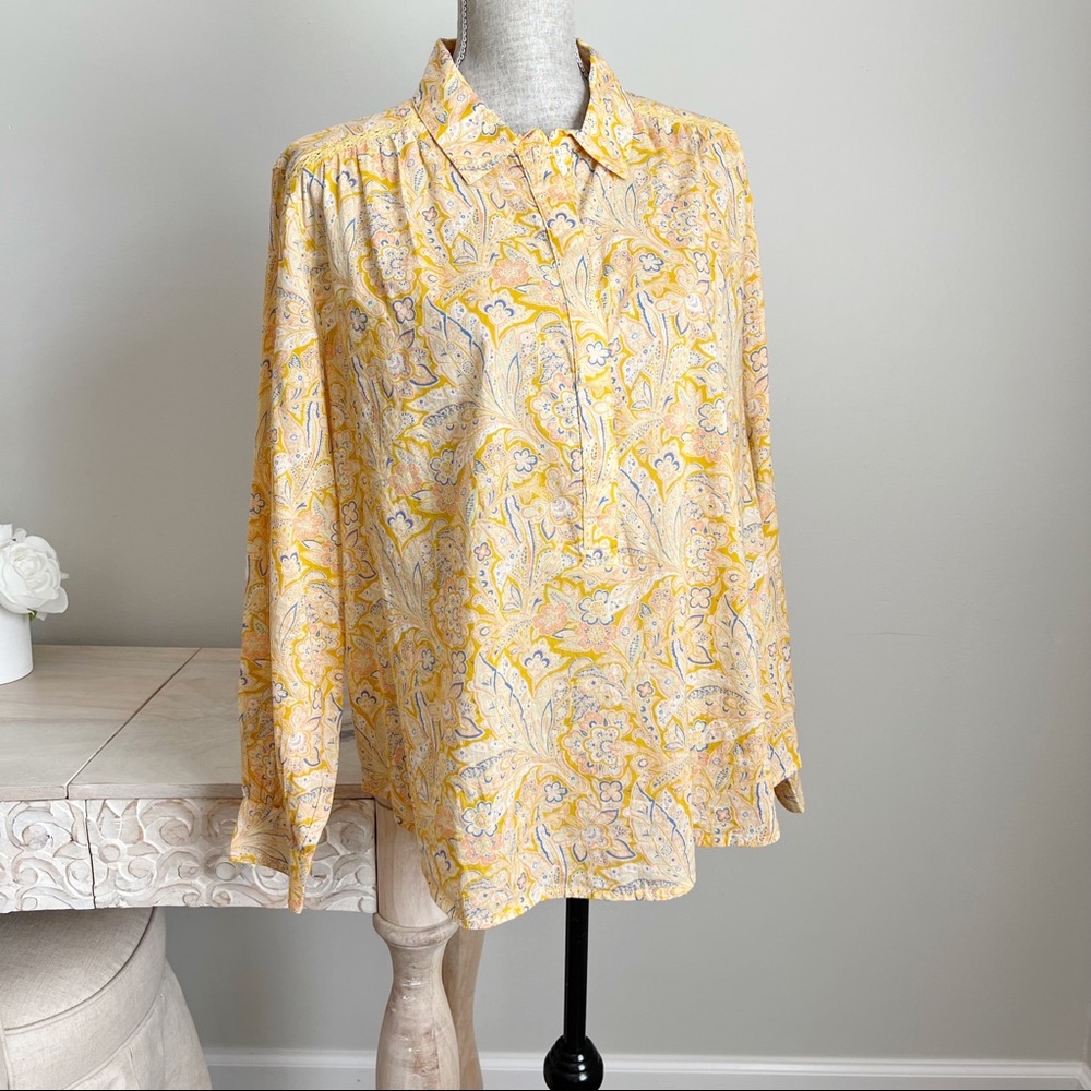 Sundance Popover Blouse Paisley Floral Lace Trim Long Sleeve Top Yellow L